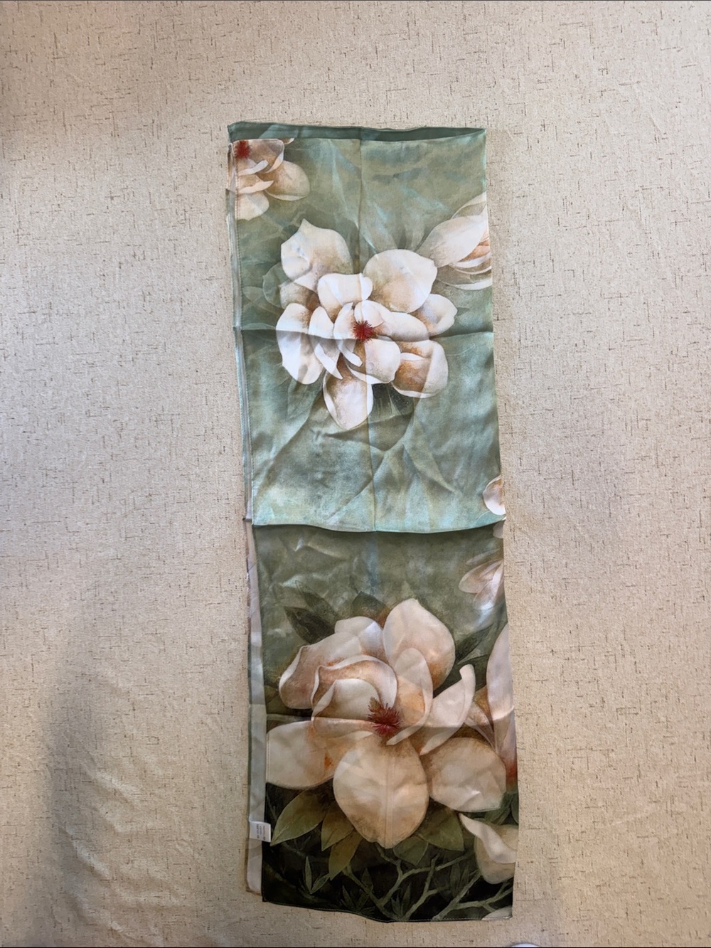 100% Silk Scarf Sage Green Magnolia Floral Print Oversized 65”